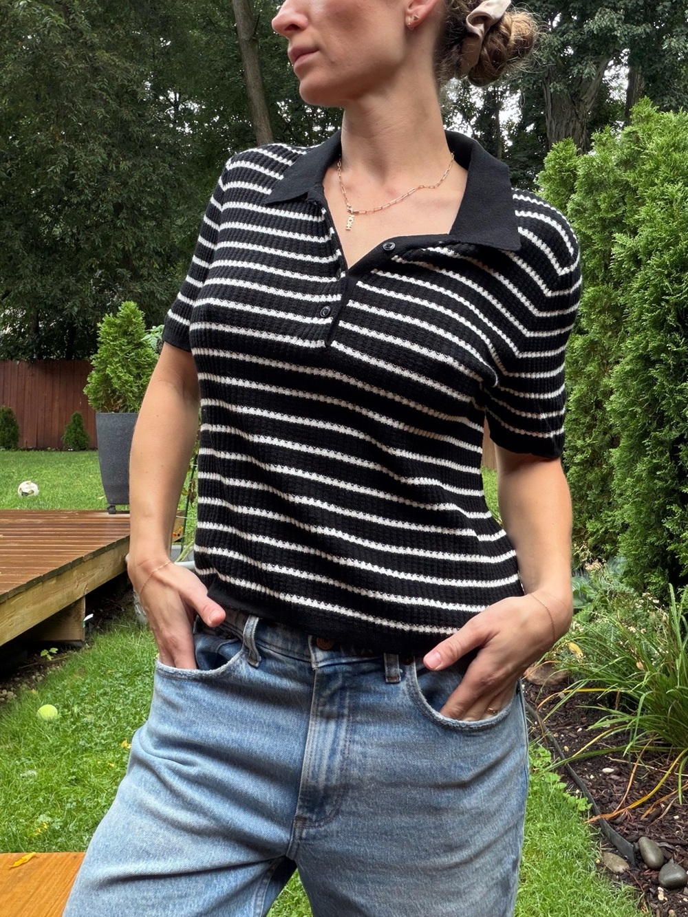 GAP Striped Black and White Knit Polo Top